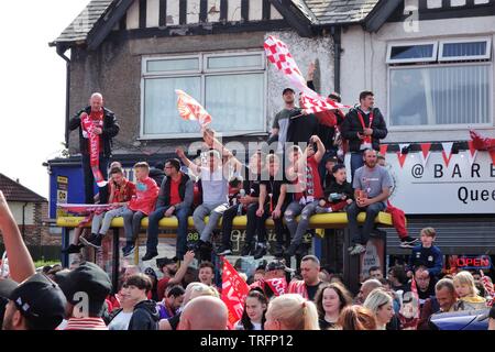 Fans Waiting For Liverpool FC's Victory Parade In Old Swan, Liverpool on June 2nd, 2019. Stock Photo