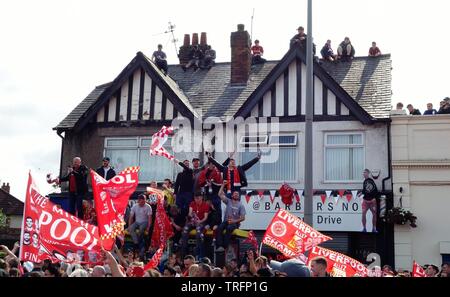 Fans Waiting For Liverpool FC's Victory Parade In Old Swan, Liverpool on June 2nd, 2019. Stock Photo