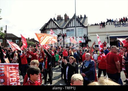 Fans Waiting For Liverpool FC's Victory Parade In Old Swan, Liverpool on June 2nd, 2019. Stock Photo