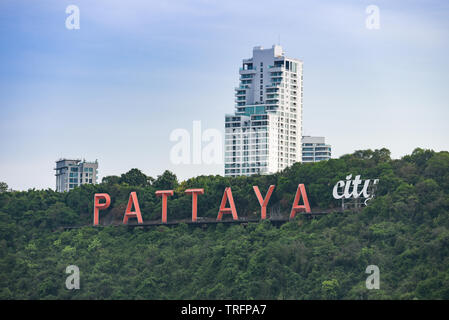 Pattaya city sign on hill near of pattaya beach aerial view of Chonburi Thailand Stock Photo