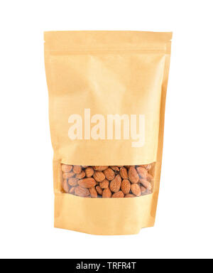 Almonds in packaging isolated on white background Stock Photo