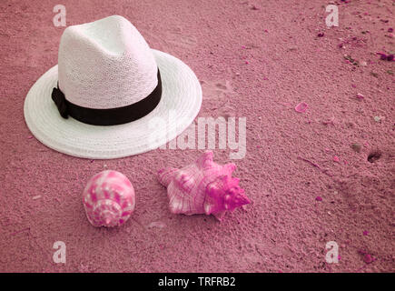 White straw hat on the sand beach with two types of seashells in pink color Stock Photo