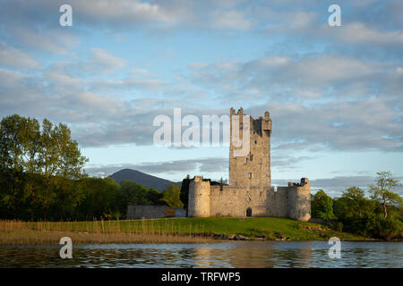 Ireland castle, Ross Castle Killarney at Lough Leane lakeshore in Killarney National Park on a beautiful evening with soft glowing light. Stock Photo