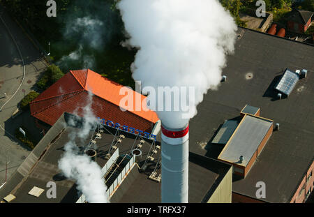 Aerial view over the paper mill Peterson Linerboard in Moss kommune, Østfold, Norway. The paper mill went bankrupt in 2011, and it was located beside Mossefossen waterfall at the outlet of the lake Vansjø. September, 2006. Stock Photo