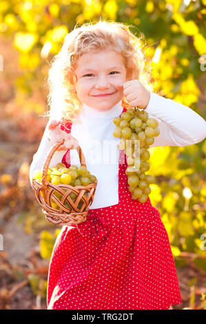 Cute blonde kid girl 4-5 year old holding grapes outdoors. Looking at camera. Autumn harvesting season. Stock Photo