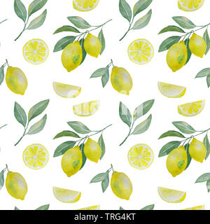 abstract watercolor hand drawn seamless pattern with lemon, lemon branches, slices and leaves on white Stock Photo