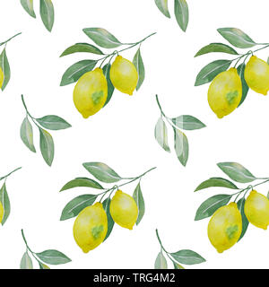abstract watercolor hand drawn seamless pattern with lemon branches and leaves on white Stock Photo