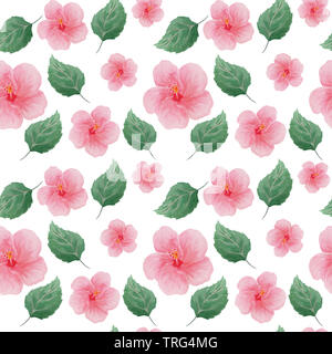 abstract seamless watercolor hand drawn pattern of hibiscus flowers and leaves Stock Photo