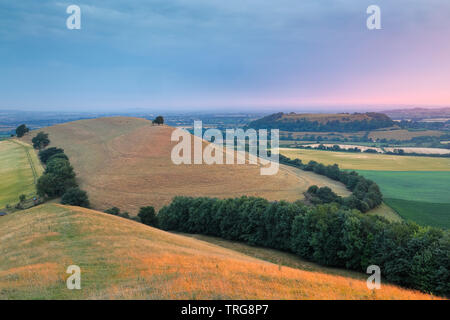 Parrock Hill and Cadbury Castle at dawn, Somerset, Dorset, England, UK