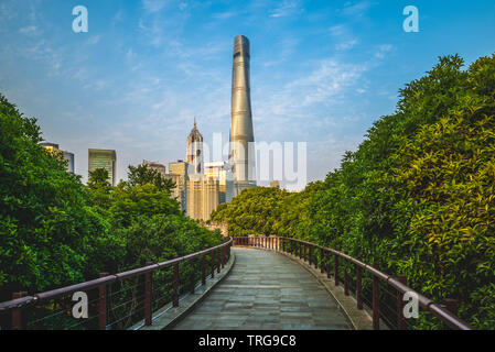 skyline of shanghai city and a wooden pathway Stock Photo