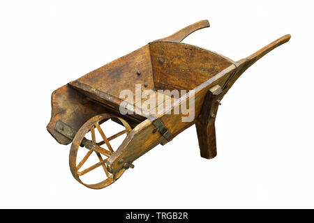 historic hamdmade wheelbarrow isolated over white background; thie is a rare barrow made of wood Stock Photo