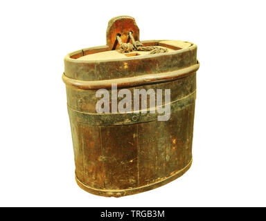 traditional wooden storage box isolated over white background, handmade historical object Stock Photo