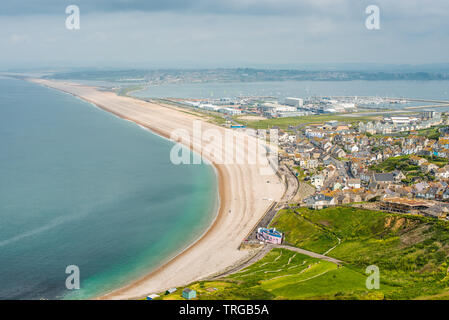 Elevated views from Portland heights on the Isle of Portland of Chesil Beach and the viilage of Fortuneswell, Dorset, England, UK, Europe Stock Photo