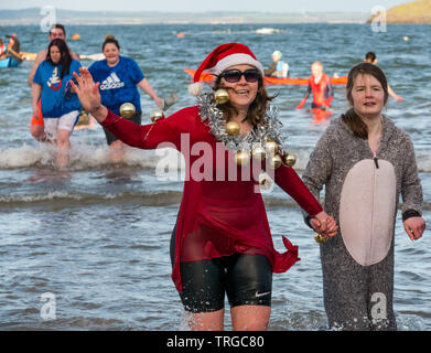 Loony Dook, New Year's Day: People brave cold water of West Bay, Firth of Forth, North Berwick, East Lothian, Scotland, UK. Woman wearing Santa hat Stock Photo