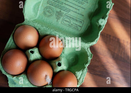 Free range eggs in an open egg box. Stock Photo