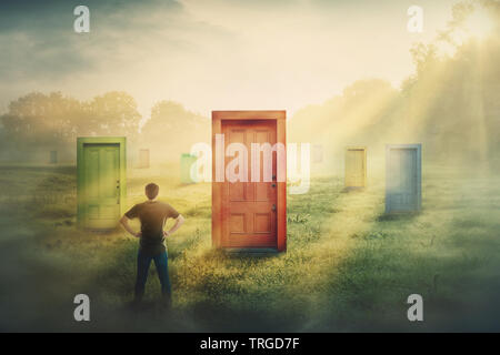 Doubtful man in front of many different doors choosing one. Difficult decision, concept of important choice in life, failure or success. Ways to unkno Stock Photo