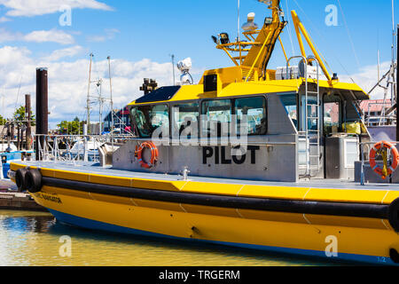Canadian Pilot boat docked in Steveston ready to deliver pilots to vessels entering the Fraser River approaches Stock Photo