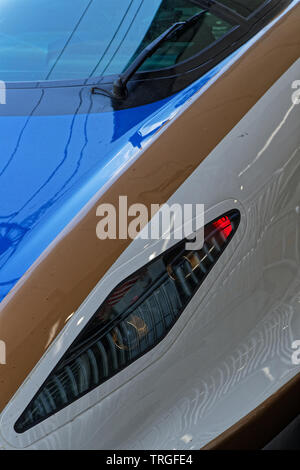 TOKYO, JAPAN, May 16, 2019 : Blue aerodynamic train. Shinkansen is a network of high-speed railway lines in Japan, also known in English as the bullet Stock Photo