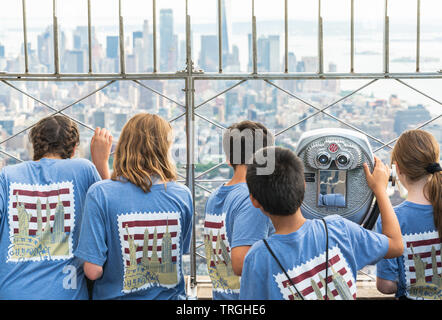 New York City/USA, May 27, 2019. Empire State Building. School Field Trip. Group of Student Enjoying View from the Main Deck: 86th Floor Stock Photo