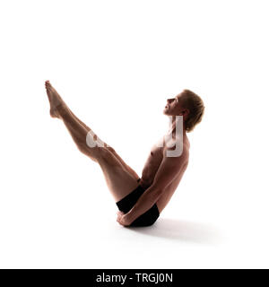 Yoga alphabet. The letter V formed by gymnast body Stock Photo