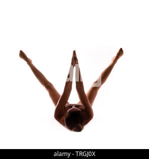 Yoga alphabet. The letter W formed by gymnast body Stock Photo