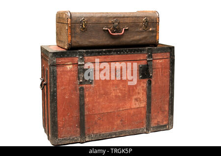 Old retro wooden chest and vintage grunge suitcase isolated on white background Stock Photo