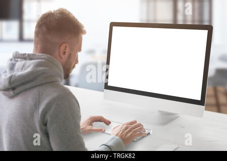 Guy work on computer. Isolated screen for mockup, web design presentation. Office concept. Stock Photo