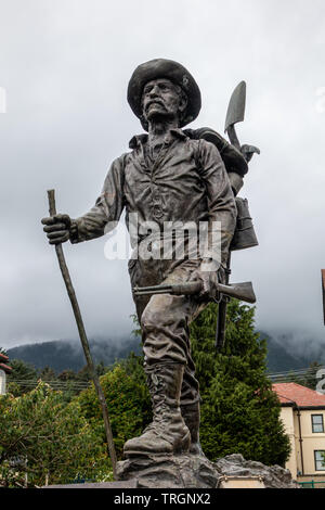 Bronze Prospector Statue in Front of Pioneers Home in Sitka, Alaska Stock Photo