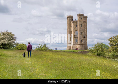 Walking the Cotswold Way at Broadway Tower Country Park near the Cotswold town of Broadway, Worcestershire, England, UK