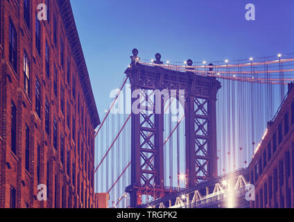 Manhattan Bridge seen from Dumbo at dusk, color toning applied, New York City, USA. Stock Photo