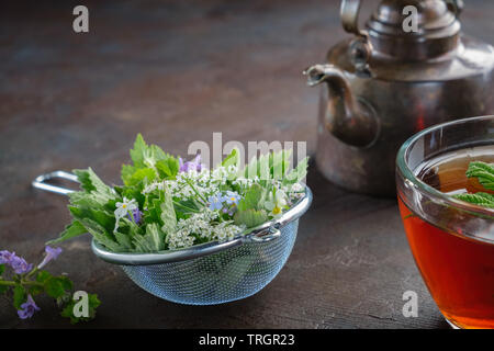 Several medicinal plants and herbs in tea infuser, healthy herbal tea cup and vintage copper tea kettle. Herbal medicine. Copy space for text. Stock Photo