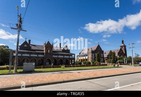 View of the religious and educational complex with the college, hall and St Patrick Catholic Church in Glen Innes, New South Wales, Australia Stock Photo