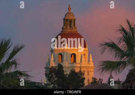 The Pasadena City Hall main tower against beautiful golden light. Pasadena is located in the Los Angeles county in California.