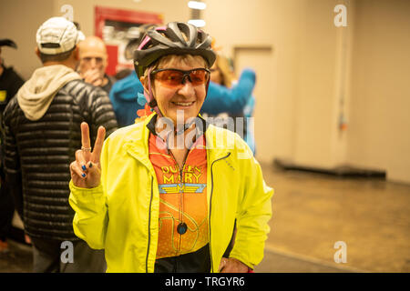 San Francisco, USA. 2nd June, 2019. Jane Maxwell waiting for the start of AIDS/Lifecycle, the 7 day 545-mile bike ride from San Francisco to Los Angel Stock Photo