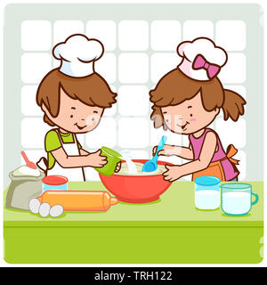 Illustration of a little boy and a little girl cooking together in the kitchen. Stock Photo