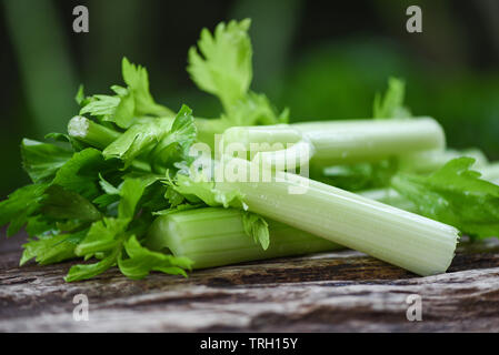 Fresh Celery vegetable / Bunch of celery stalk with leaves on wood and nature green background Stock Photo