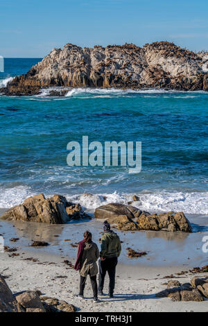Couple walks along the beach by Seal Island on 17 Mile Drive in Monterey, California Stock Photo