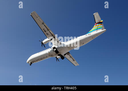 Stockholm, Sweden - May 31, 2019. BRA, Braathens Regional Airlines ATR 72-600 (SE-MKA) on final approach to the Stockholm Bromma airport with deployed Stock Photo