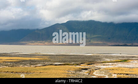 Breathtaking Landscape with foggy green mountains at Ngorongoro , Tanzania Stock Photo