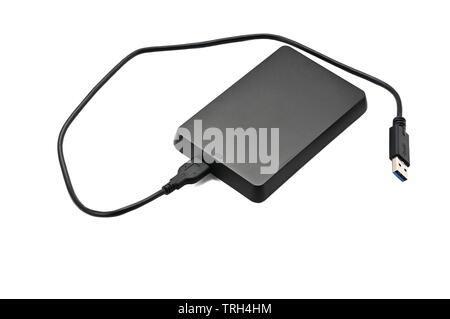 Portable hard drive for backing up various files on an isolated white background Stock Photo
