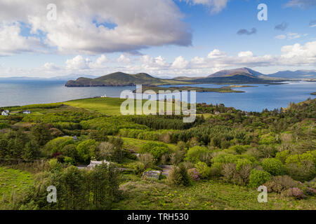 Landscape aerial image of Valentia Island and Beginish Island, County Kerry, Ireland Stock Photo