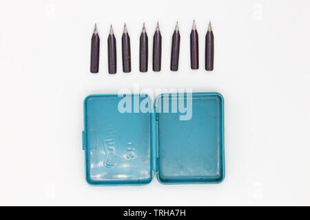 Blue vintage Pelikan fountain pen nibs box, isolated on a white background. Stock Photo