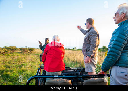 Tourists looking for wildlife while on safari at the Phinda Private Game Reserve, an andBeyond owned nature reserve in eastern South Africa. Stock Photo