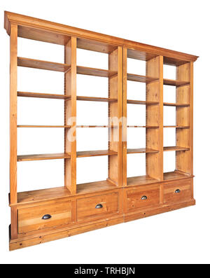 Empty double wooden library in perspective isolated on white with clipping path Stock Photo