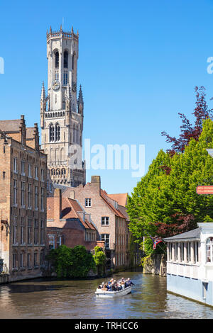 Bruges Belfry Bruges from the Rozenhoedkaai Rozenhoedkai Quay of the Rosary and historic buildings on the Den Dijver canal Bruges Belgium EU Europe Stock Photo