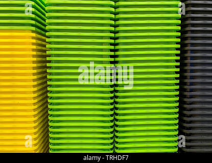 Colored stacked plastic boxes Stock Photo