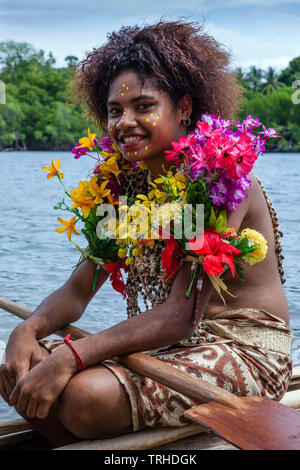 Kofure Girl in Outrigger Canoe, Tufi, Oro Province, Papua New Guinea ...