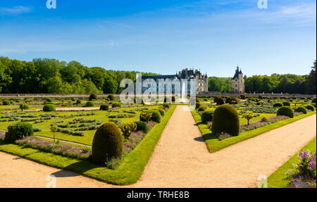 Diane de Poitiers garden, Chateau de Chenonceau spanning the River Cher, Loire Valley, Indre et loire department, Centre-Val de Loire, France Stock Photo