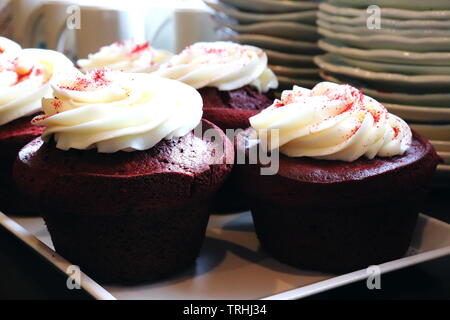red velvet cakes with white frosting Stock Photo