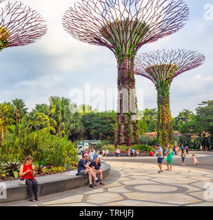 Tourists walking between artificial trees in the Supertree Grove vertical garden at Gardens by the Bay Singapore. Stock Photo